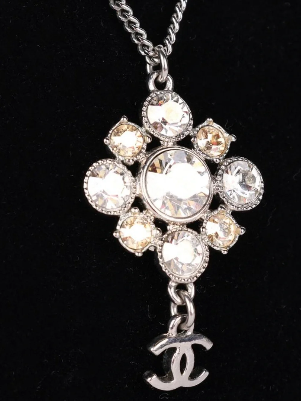 CHANEL Crystal Cluster Pendant Necklace with Logo Charm - Silver Tone
